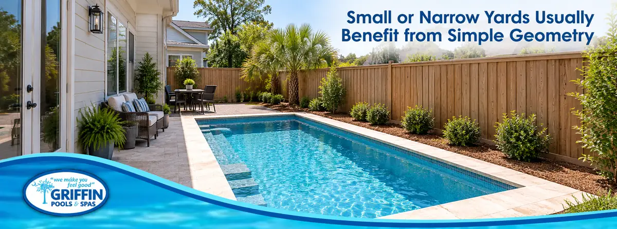 Rectangular swimming pool planned for a narrow residential backyard