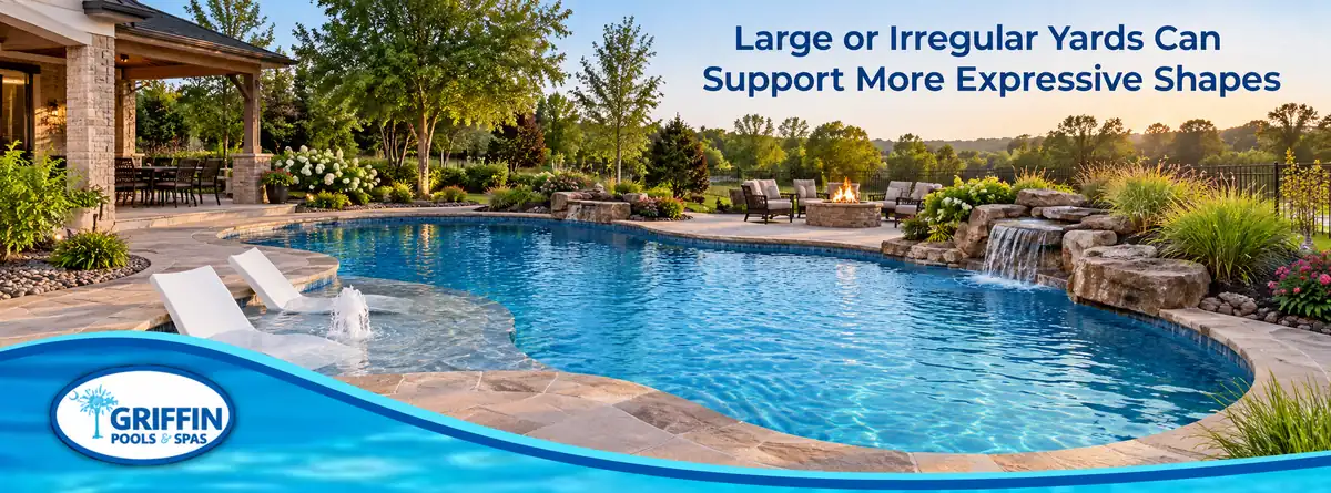 Curved freeform swimming pool fitted into an irregular landscaped backyard